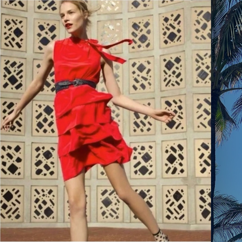 Anthropologie Girls From Savoy Red 100% Silk Tiered Ruffle Party Cocktail Dress - Picture 4 of 16
